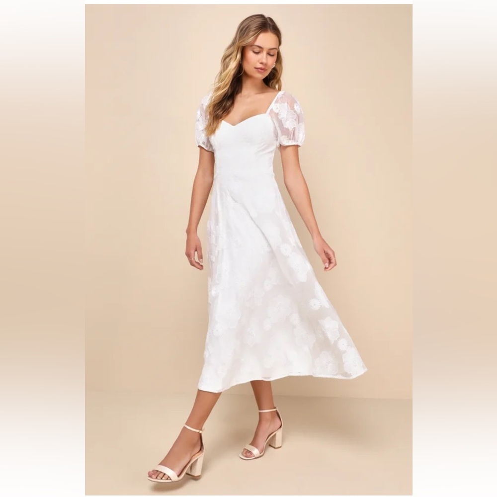 Lulu’s Sweetest Behavior White Embroidered
Puff Sleeve Midi Dress